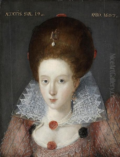 Portrait Of A Lady, Bust-length, In A Red Embroidered Dress And Lace Collar Oil Painting by Robert Peake