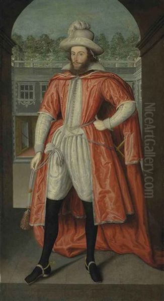Portrait Of William Pope, 1st Earl Of Downe In His Robes As A Knight Of The Bath, Under An Arch Opening Onto A Courtyard Oil Painting by Robert Peake