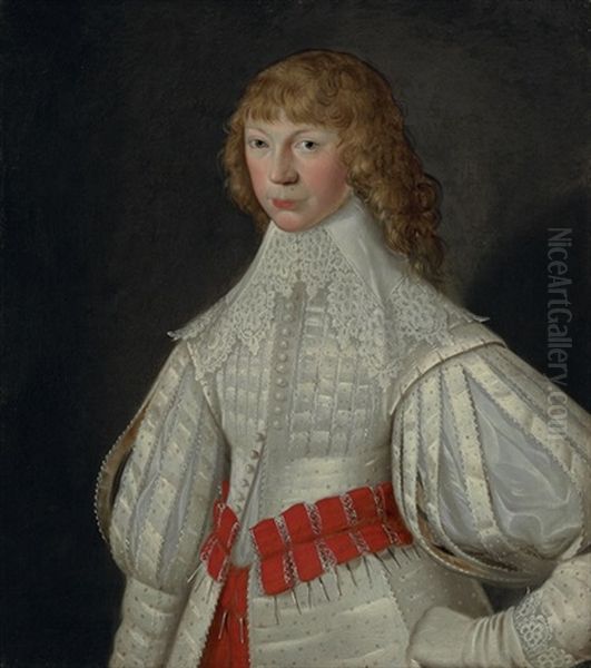Portrait Of The Hon. Francis Poulett Wearing A White Jacket With Slashed Puff Sleeves And Red Ribbon Belts Oil Painting by Robert Peake
