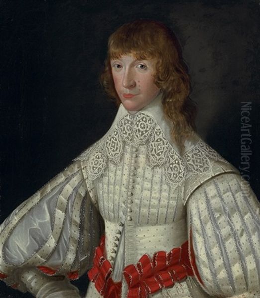 Portrait Of John, 2nd Baron Poulett, Wearing A White Jacket With Slashed Puff Sleeves And Red Ribbon Belts Oil Painting by Robert Peake