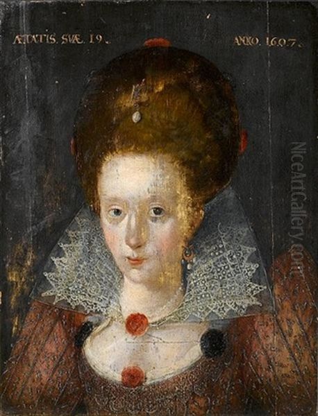 Portrait Of A Young Lady, Aged 19, Bust-length, In A Crimson Embroidered Dress With A White Lace Collar And Pearl Earrings Oil Painting by Robert Peake