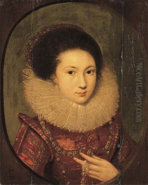 Portrait Of A Girl, Bust-length, In A Scarlet Embroidered Dress And Lace Collar Oil Painting by Robert Peake