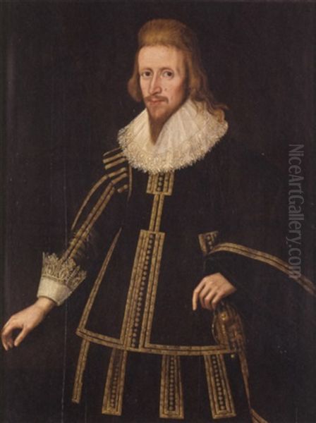 Portrait Of A Gentleman Wearing A Black Doublet With Gold Trim And White Lace Ruff Oil Painting by Robert Peake