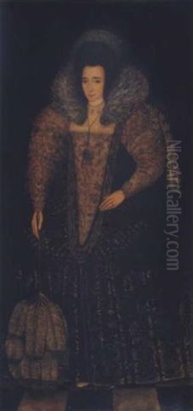 Portrait Of A Lady (elizabeth Throckmorton, Lady Of Raleigh?) Wearing A Richly Embroidered Dress With Lace Ruff And Holding A Fan Oil Painting by Robert Peake