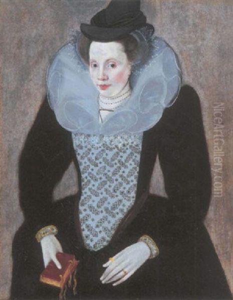 Portrait Of A Lady In A Black Dress, A White Embroidered Bodice And Ruff, Holding A Book In Her Right Hand Oil Painting by Robert Peake
