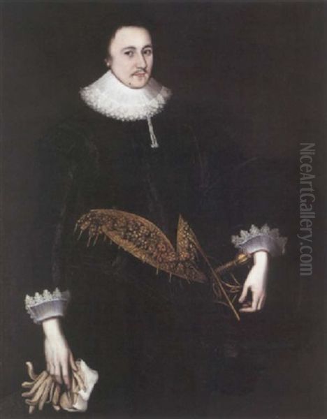 Portrait Of Sir Martin Lister Wearing A Black Doublet And Hose With A White Lace Collar Oil Painting by Robert Peake