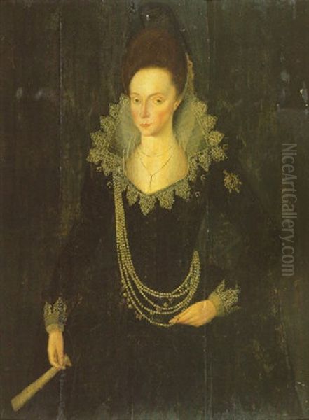 Portrait Of Elizabeth, Sister Of Sir Nicholas Halswell, Wearing A Black Dress, Lace Cuffs And Collar And A Pearl Necklace Oil Painting by Robert Peake