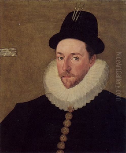 Portrait Of A Gentleman, (sir Francis Drake?) Wearing A Black Tunic And Hat And A White Ruff Oil Painting by Robert Peake