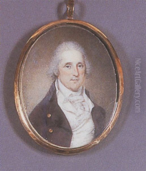 Portrait Of A Gentleman (sebastian Bauman?) Wearing An Indigo Jacket Open To Reveal A White Waistcoat And Jabot Oil Painting by James Peale