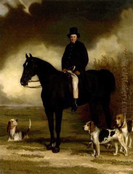 Portrait Of Arthur S. Brook, Master Of The Bexhill Harriers, Small Full-length, Seated On A Black Horse, With Three Harriers, And A Distant View Of The Coast Oil Painting by Pearce, Stephen