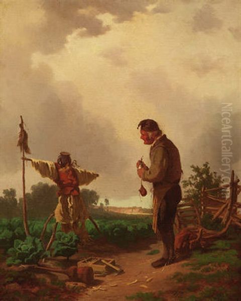 Alte Kameraden - Bauer Vor Der Eben Vollendeten Vogelscheuche Im Kohlfeld Oil Painting by Heinrich Freiherr von Pechmann