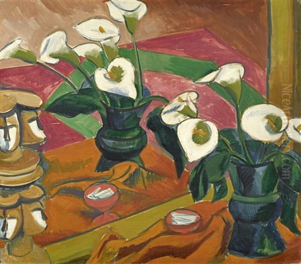 Calla Stillleben Im Spiegel (still Life With Calla Lilies In The Mirror) Oil Painting by Max Pechstein