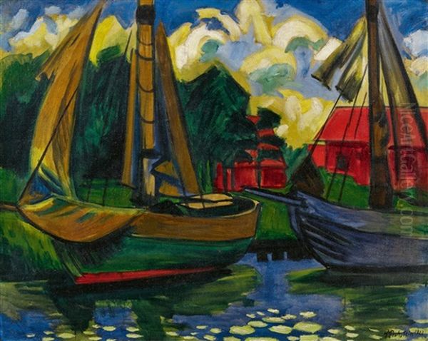 Zwei Kutter Im Hafen Von Leba Oil Painting by Max Pechstein
