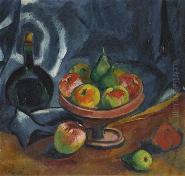 Stillleben Mit Weinflasche Und Fruchtschale (still Life With Wine Bottle And Fruit Bowl) Oil Painting by Max Pechstein
