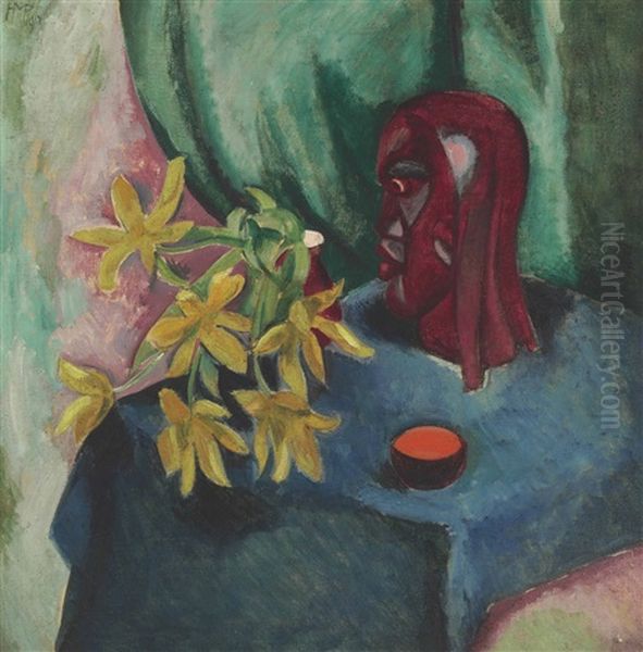 Gelbe Tulpen Mit Holzkopf Oil Painting by Max Pechstein