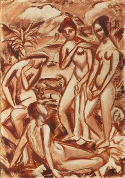 Figurenkomposition (group Of Figures) Oil Painting by Max Pechstein