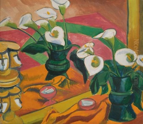 Calla-stilleben Im Spiegel (still Life With Calla Lilies In The Mirror) Oil Painting by Max Pechstein