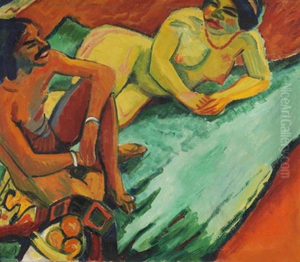 Weib Mit Inder Auf Teppich (+ Fruchte Ii, Verso) Oil Painting by Max Pechstein