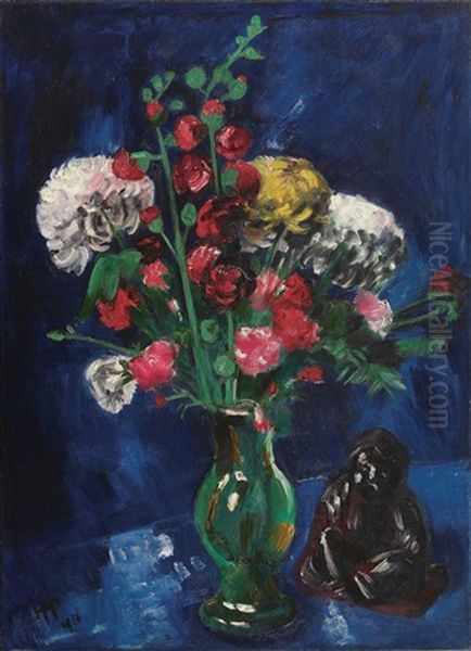 Blumenstilleben Mit Chinesischem Buddha Oil Painting by Max Pechstein