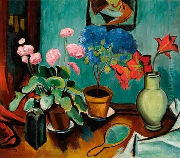 Blumen, Flasche Und Spiegel Oil Painting by Max Pechstein