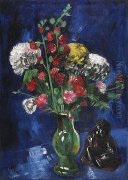 Blumenstillleben Mit Chinesischem Buddha Oil Painting by Max Pechstein