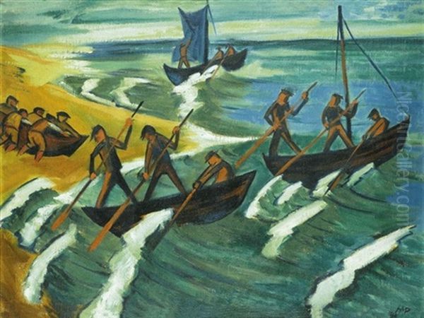 Abstossende Boote, Nidden (+ Hauser Mit Garten, Verso) [departing Boats, Nidden & Houses With Gardens] Oil Painting by Max Pechstein
