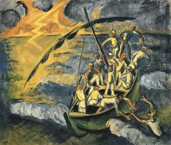 Fischerboot Auf Sturmischer See Und Gewitter Oil Painting by Max Pechstein