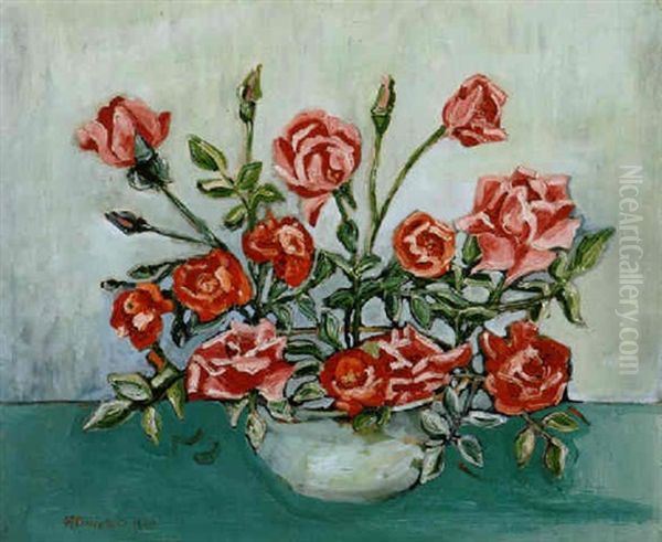 Blumenstilleben (rote Rosen In Einer Schale) Oil Painting by Max Pechstein