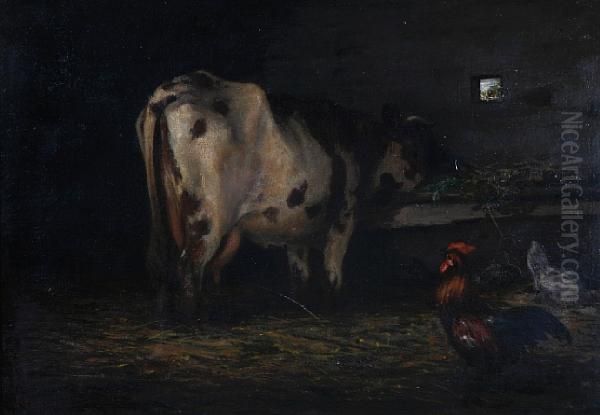 A Stable Interior With A Cow And Rooster Oil Painting by Hiram Reynolds Bloomer