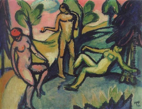 Drei Akte Im Wald Oil Painting by Max Pechstein