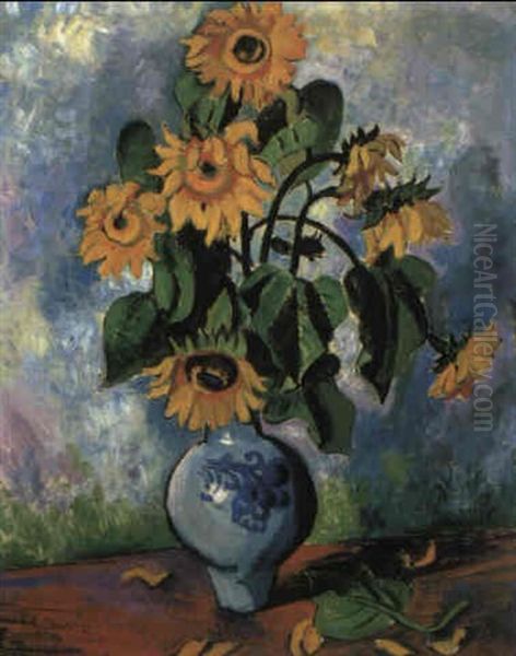 Sonnenblumen In Einer Steingutvase Oil Painting by Max Pechstein