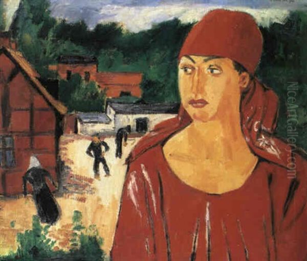 Frau Mit Rotem Kopftuch In Rotem Kleid (marta/leba) Oil Painting by Max Pechstein
