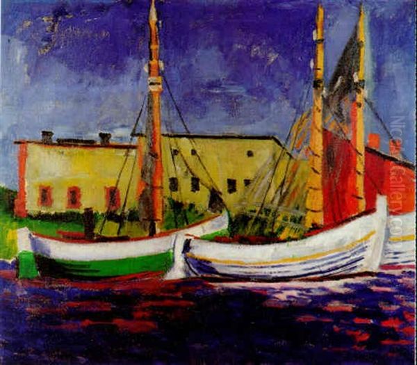 Segelkutter Im Hafen (leba). Um 1921/22 Oil Painting by Max Pechstein