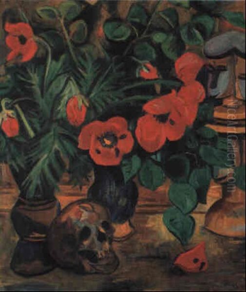 Roter Mohn Und Totenschadel Oil Painting by Max Pechstein