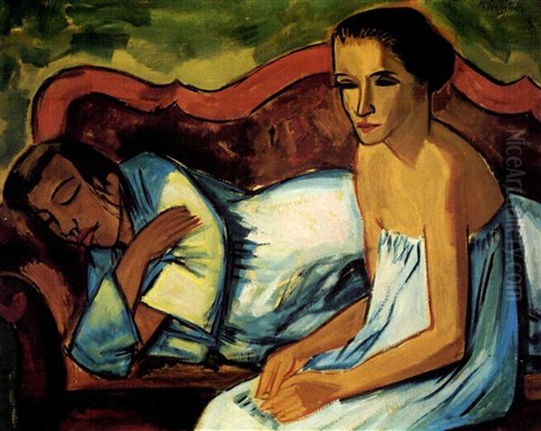 Zwei Frauen Auf Dem Sofa (schwingende Stille) Oil Painting by Max Pechstein