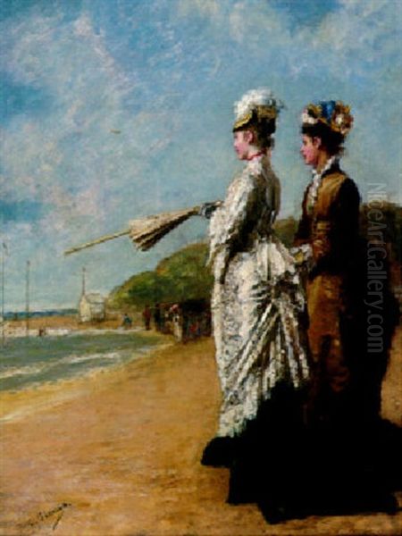 Elegant Women On The Beach Of Trouville Oil Painting by Charles Francois Pecrus