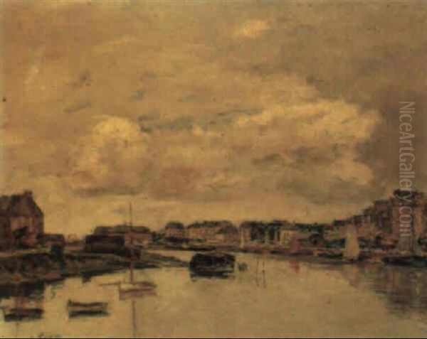 Boats Moored In A French Harbour Oil Painting by Charles Francois Pecrus