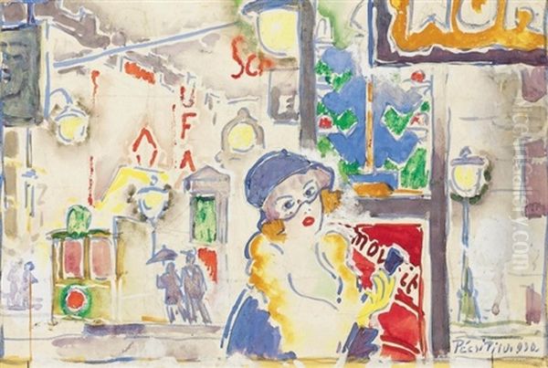 Nagyvarosi Fenyek (city Lights) Oil Painting by Dezsoe Pecsi Pilch