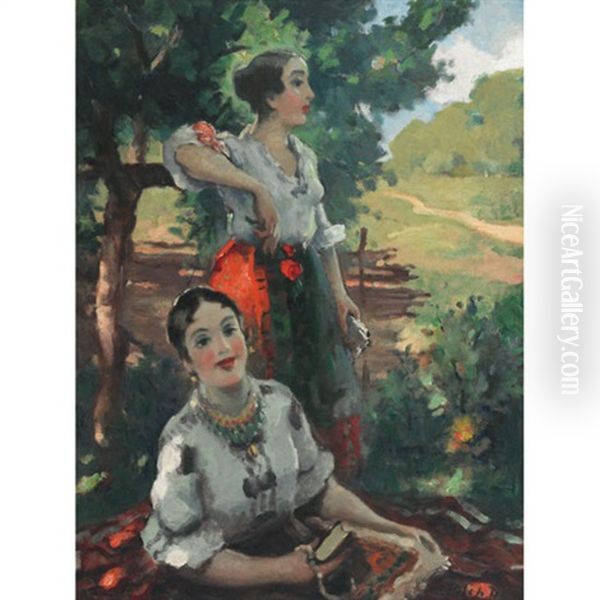 Country Girls In Their Sunday Best In The Dappled Shade Oil Painting by Dezsoe Pecsi Pilch
