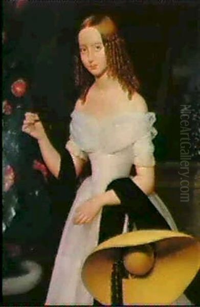 A Portrait Of A Girl In A White Dress Holding A Straw       Hat Oil Painting by Henrik Pecz