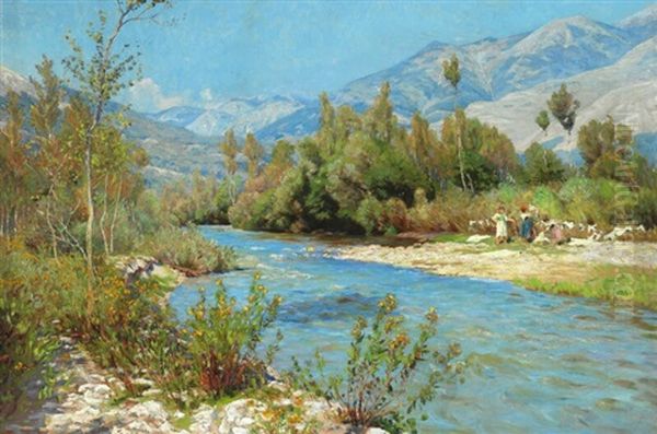 The River Liri With Washerwomen Oil Painting by Viggo Christian Frederick Pedersen