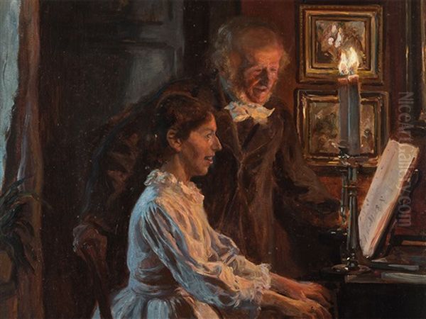Young Girl At The Piano Oil Painting by Viggo Christian Frederick Pedersen