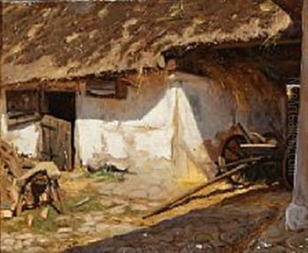 A Sunlit Thatched Cottage Oil Painting by Viggo Christian Frederick Pedersen