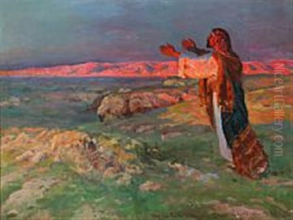 Isak Ser Rebekka Komme Oil Painting by Viggo Christian Frederick Pedersen