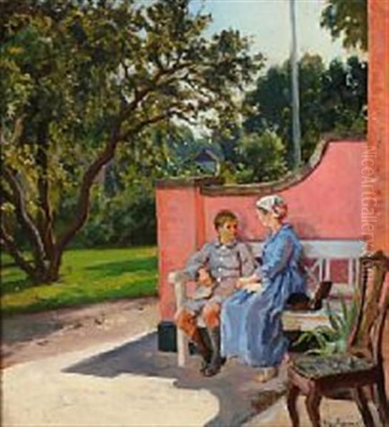 A Boy And A Woman Sitting On A Bench In Front Of A House, Summer Oil Painting by Viggo Christian Frederick Pedersen