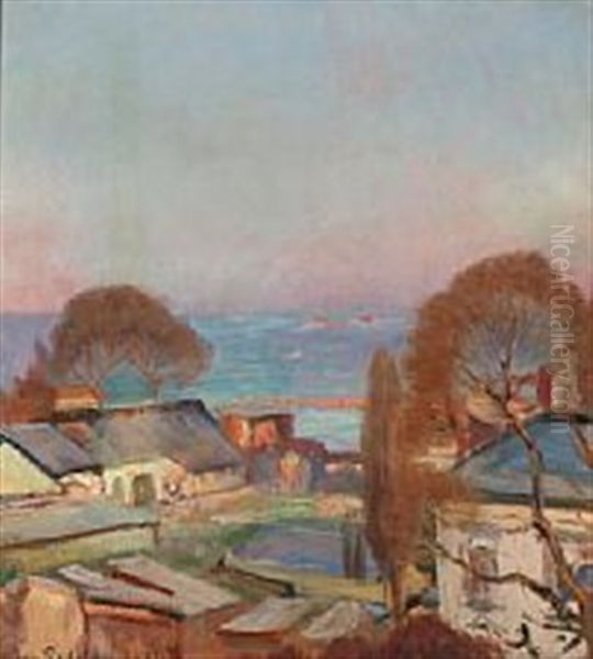 Rooftop View With The Sea In The Background Oil Painting by Viggo Christian Frederick Pedersen