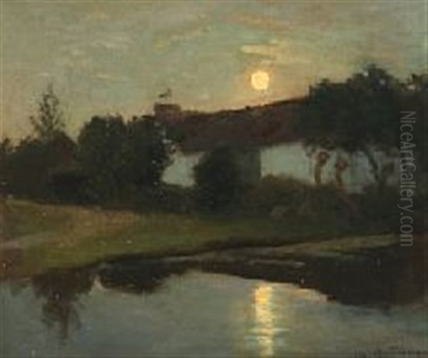 Moonlight Landscape With Stork On A Rooftop Oil Painting by Viggo Christian Frederick Pedersen