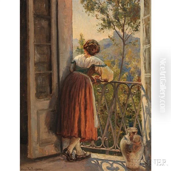 Woman At A Balcony Window Oil Painting by Viggo Christian Frederick Pedersen