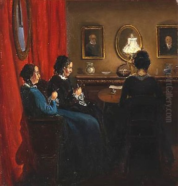 Interior With Women Knitting Oil Painting by Viggo Christian Frederick Pedersen