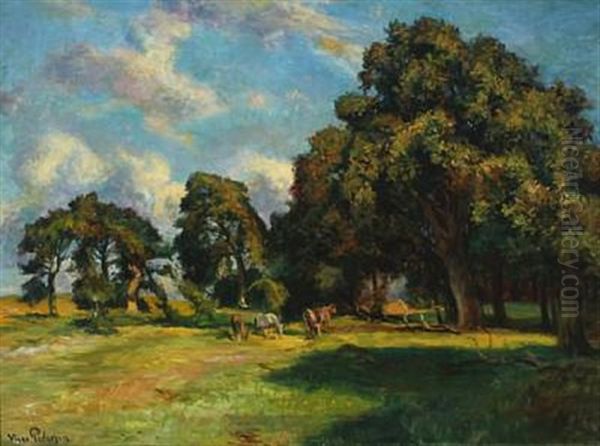 Horses Grazing In A Shady Grove Oil Painting by Viggo Christian Frederick Pedersen